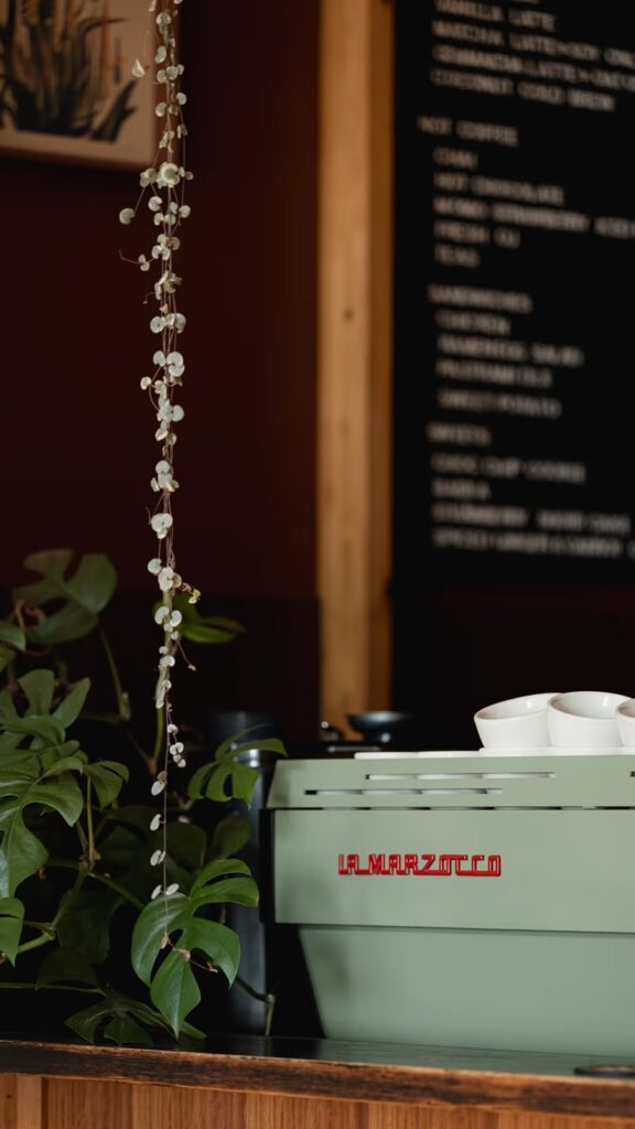 The sage-green La Marzocco & house plants
