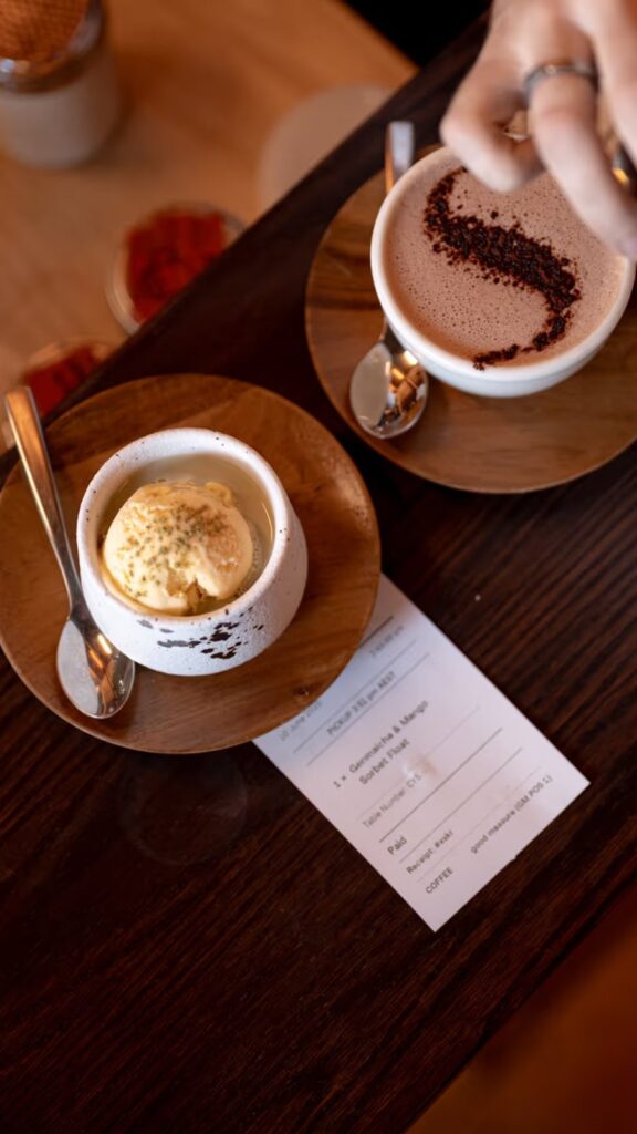 Genmaicha & mango sorbet float with a hot chocolate